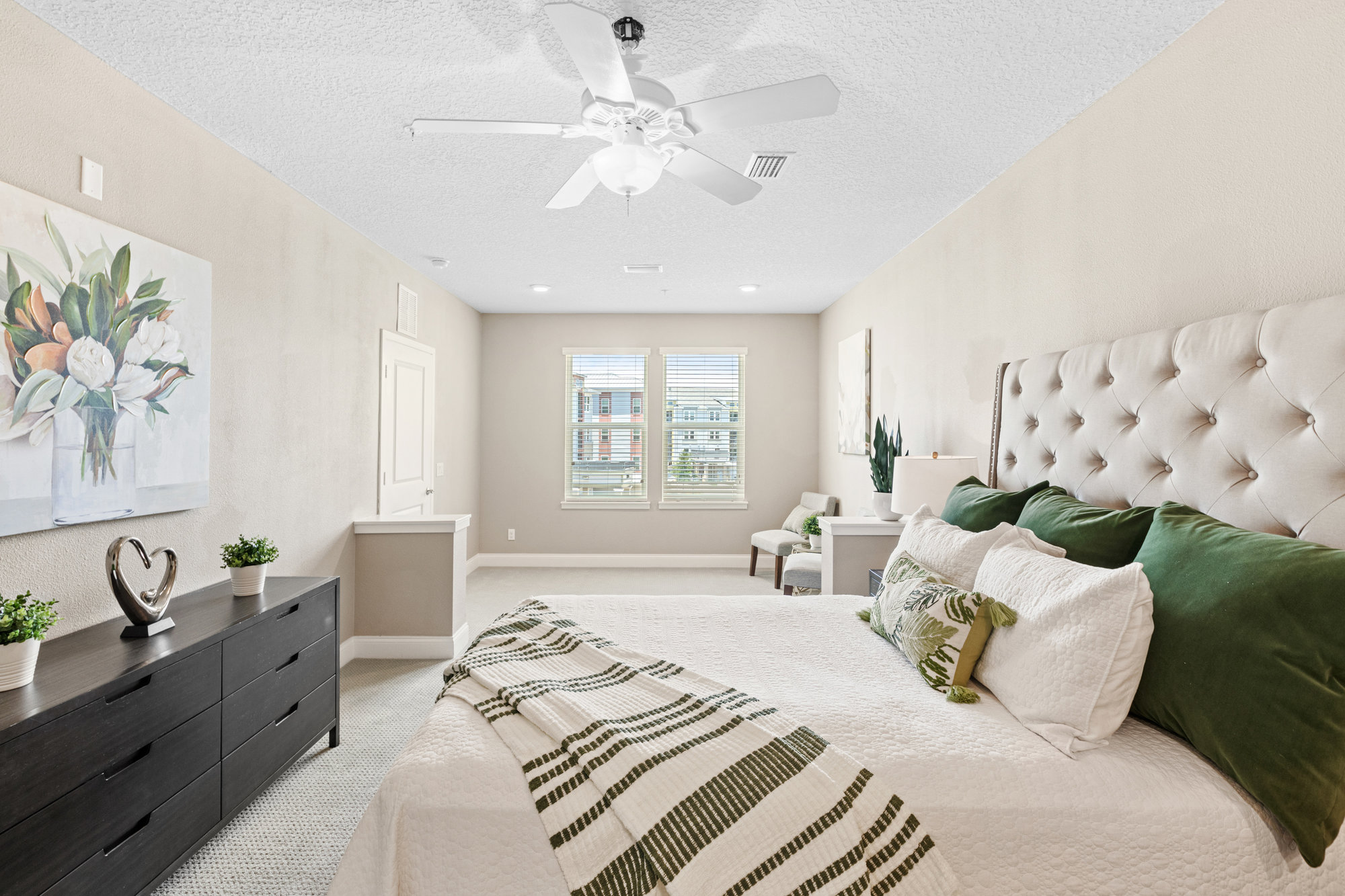 bedroom with window to look out and half walls